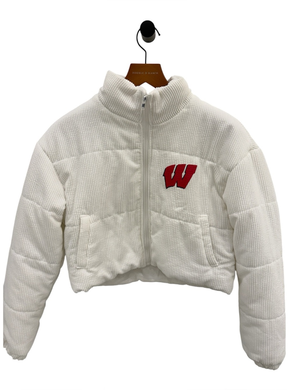 University of Wisconsin Badgers corduroy puffer jacket in white with W logo
